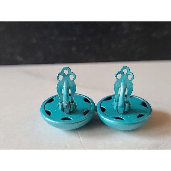 Enamel Aqua Dome Clip-on Earrings Vintage - Picture 9 of 10